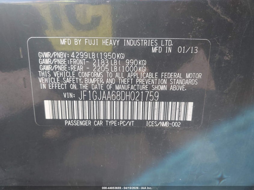 2013 Subaru Impreza 2.0I VIN: JF1GJAA68DH021759 Lot: 44853659
