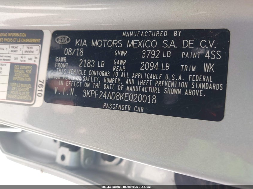 2019 Kia Forte 2.0 silver Lot 111044853710 Vin 3KPF24AD8KE020018
