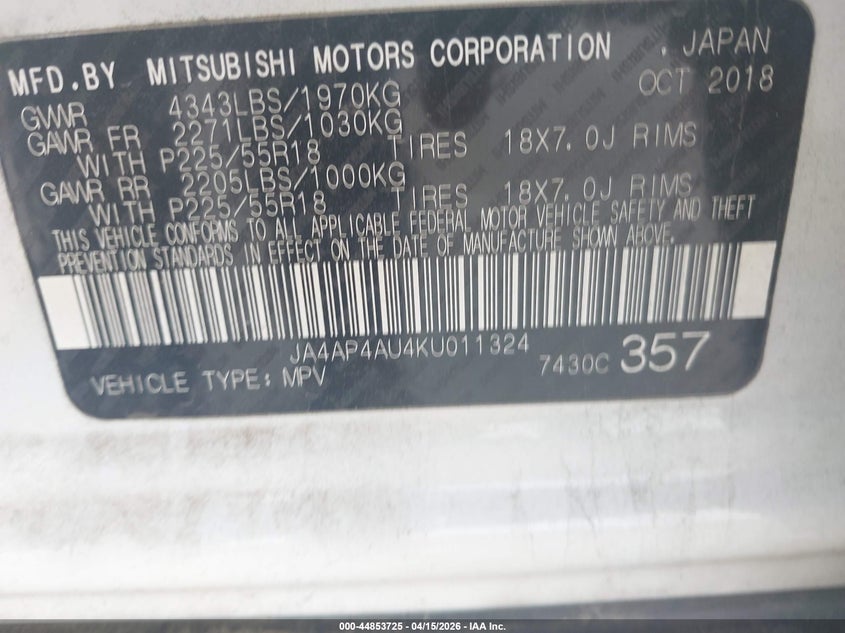 2019 Mitsubishi Outlander Sport 2.0 Se VIN: JA4AP4AU4KU011324 Lot: 44853725