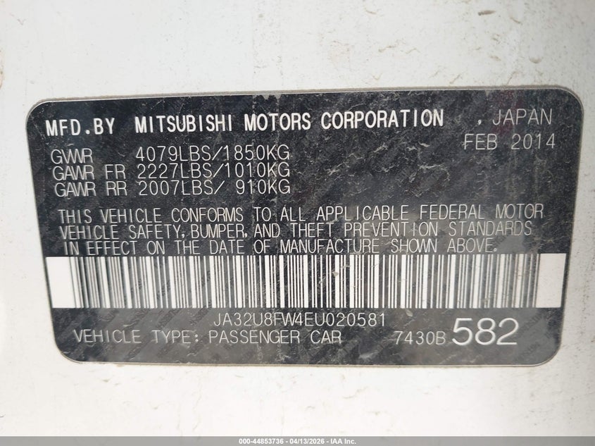 2014 Mitsubishi Lancer Gt VIN: JA32U8FW4EU020581 Lot: 44853736