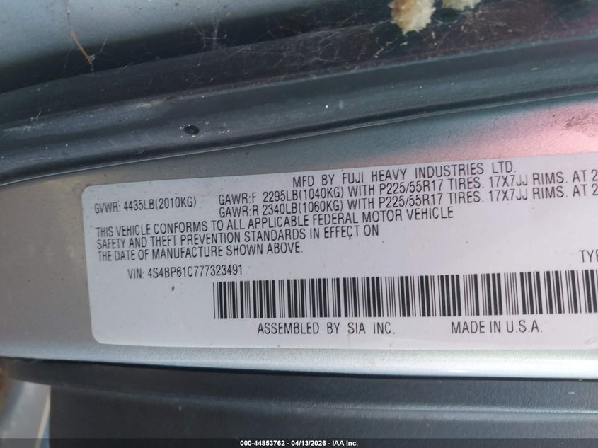 2007 Subaru Outback 2.5I VIN: 4S4BP61C777323491 Lot: 44853762