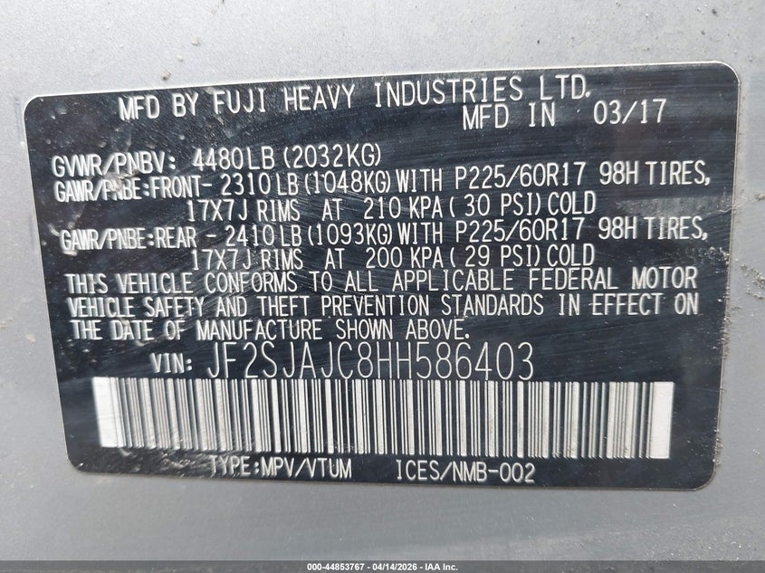 2017 Subaru Forester 2.5I Limited VIN: JF2SJAJC8HH586403 Lot: 44853767