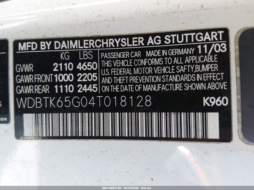 2004 Mercedes-Benz Clk 320 VIN: WDBTK65G04T018128 Lot: 44853766