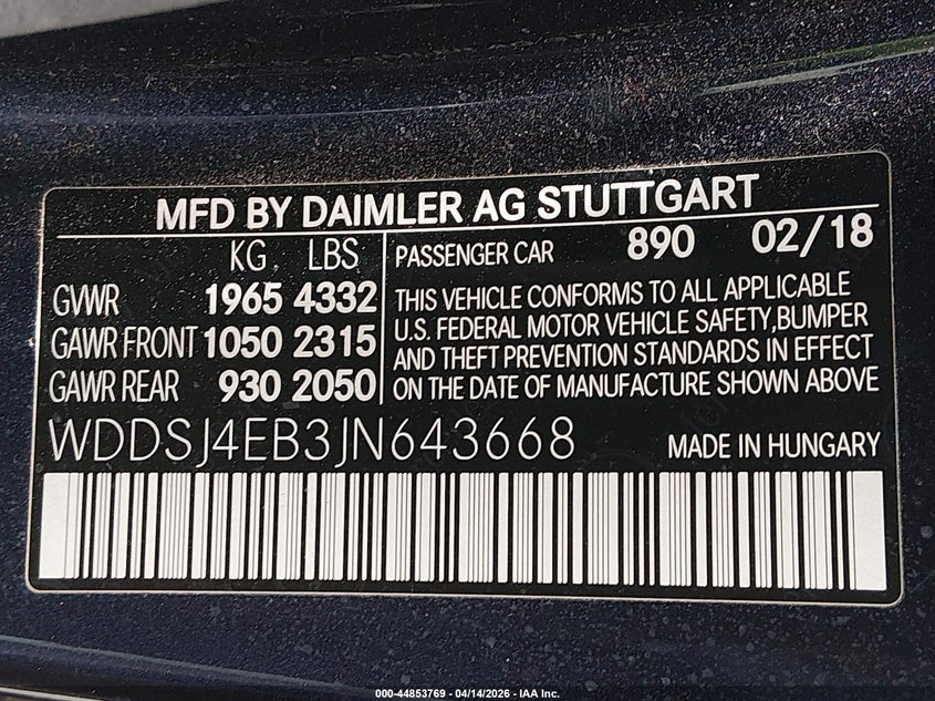 2018 Mercedes-Benz Cla 250 VIN: WDDSJ4EB3JN643668 Lot: 44853769