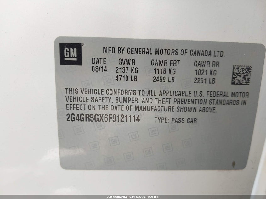 2015 Buick Regal Turbo Premium Ii VIN: 2G4GR5GX6F9121114 Lot: 44853793