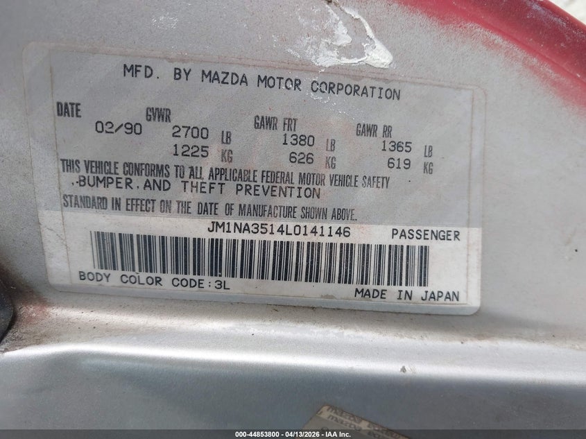 1990 Mazda Mx-5 Miata VIN: JM1NA3514L0141146 Lot: 44853800