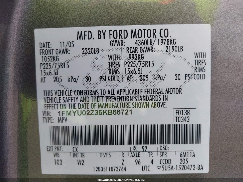 2006 Ford Escape Xls/Xls Manual VIN: 1FMYU02Z36KB66721 Lot: 44853835