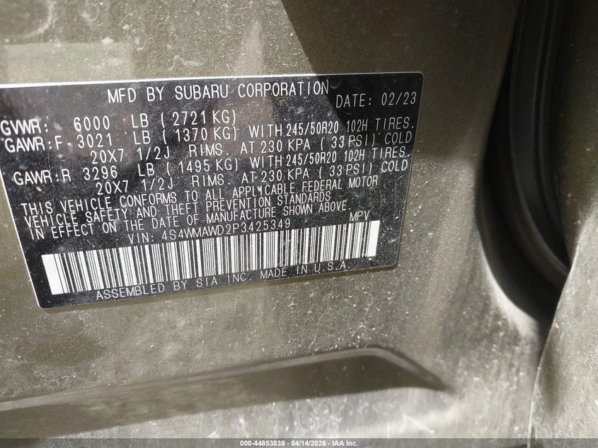 2023 Subaru Ascent Touring 7-Passenger VIN: 4S4WMAWD2P3425349 Lot: 44853839