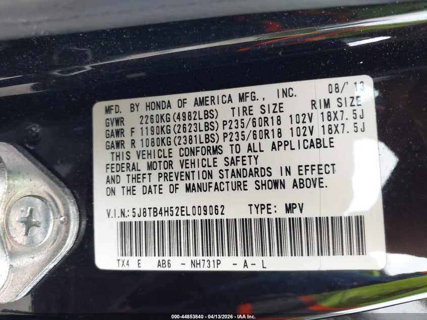 2014 Acura Rdx VIN: 5J8TB4H52EL009062 Lot: 44853840