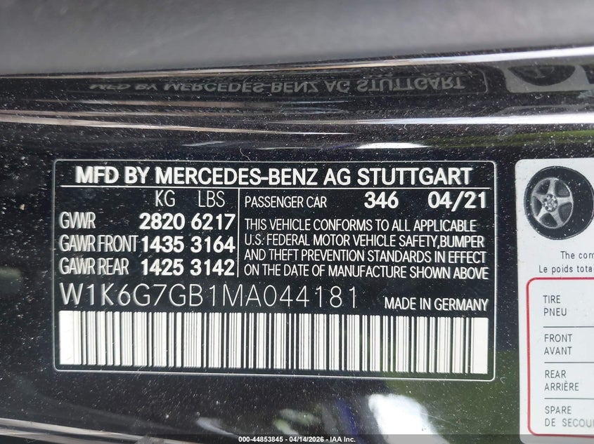 2021 Mercedes-Benz S 580 4Matic VIN: W1K6G7GB1MA044181 Lot: 44853845