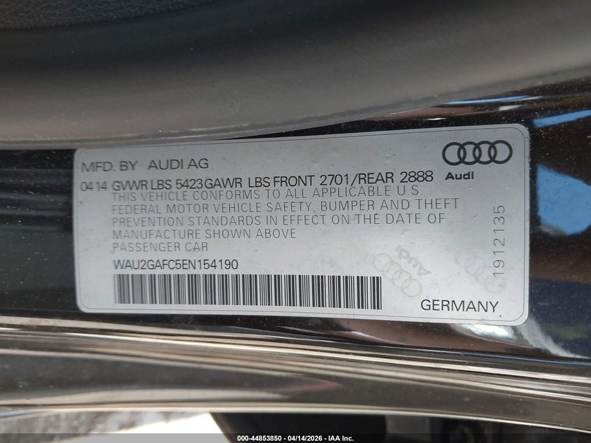 2014 Audi A7 3.0T Premium Plus VIN: WAU2GAFC5EN154190 Lot: 44853850