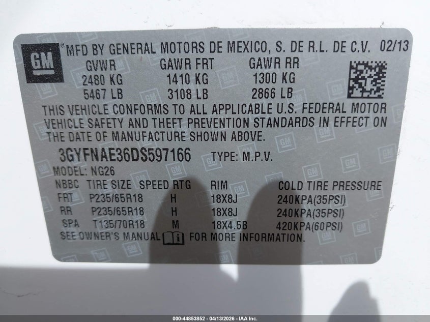 2013 Cadillac Srx Standard VIN: 3GYFNAE36DS597166 Lot: 44853852