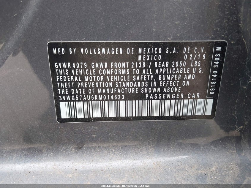 2019 Volkswagen Golf 1.4T S/1.4T Se VIN: 3VWG57AU6KM014623 Lot: 44853856
