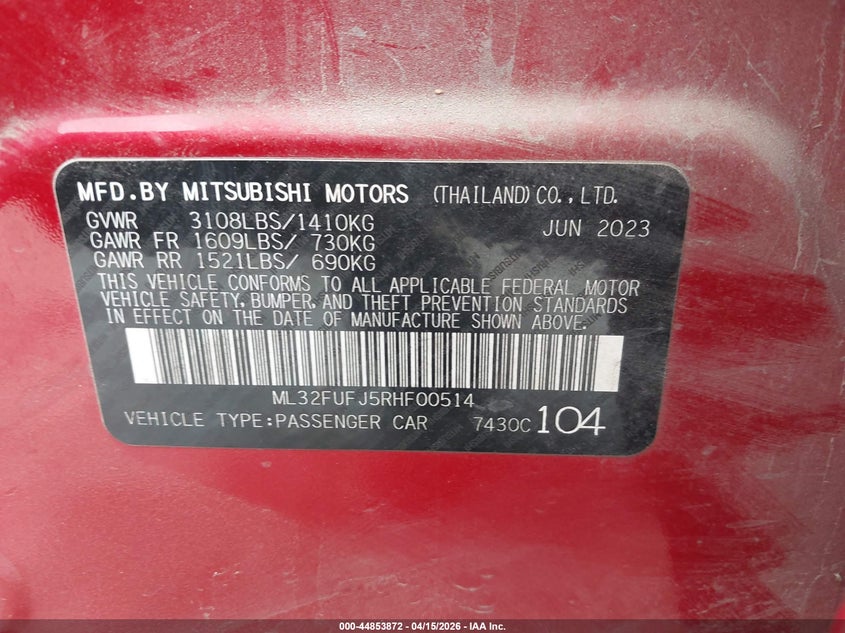 2024 Mitsubishi Mirage 1.2 G4 Es red Lot 111044853872 Vin ML32FUFJ5RHF00514