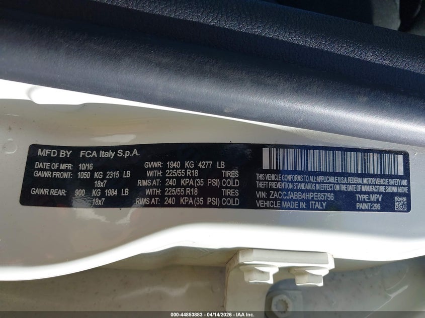 2017 Jeep Renegade Altitude Fwd VIN: ZACCJABB4HPE65756 Lot: 44853883