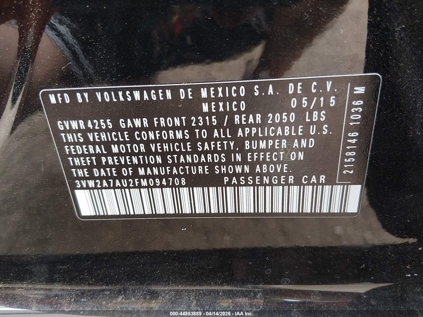 2015 Volkswagen Golf Tdi S 4-Door VIN: 3VW2A7AU2FM094708 Lot: 44853889