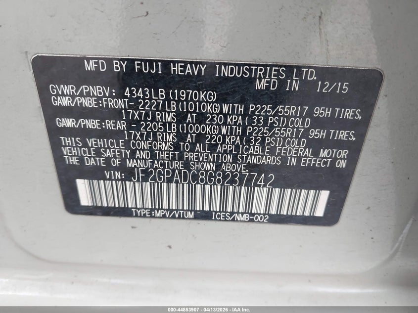 2016 Subaru Crosstrek 2.0I Premium VIN: JF2GPADC8G8237742 Lot: 44853907