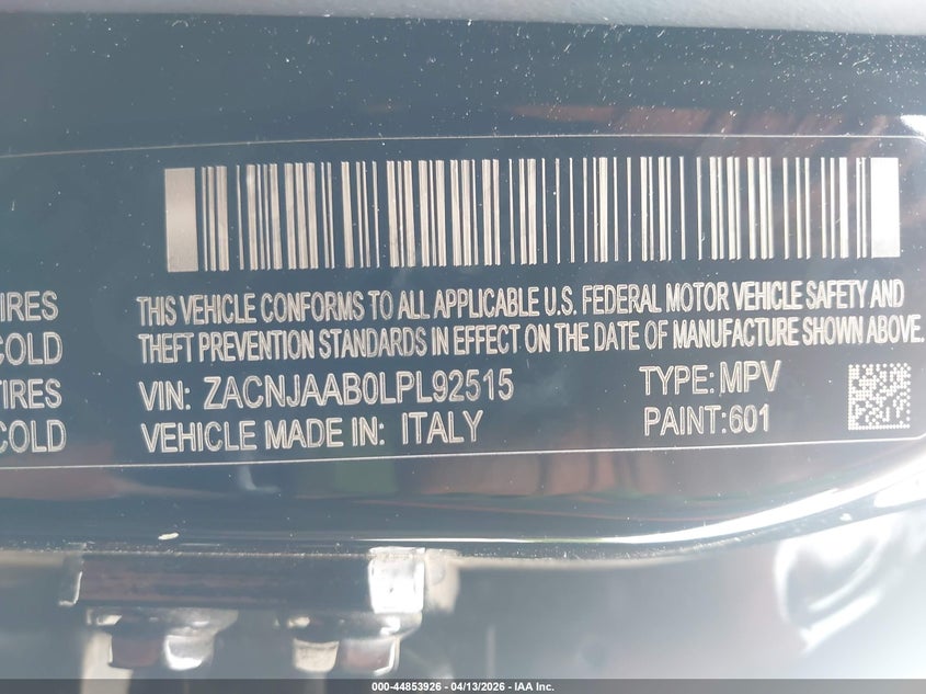 2020 Jeep Renegade Jeepster Fwd VIN: ZACNJAAB0LPL92515 Lot: 44853926