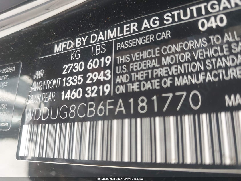 2015 Mercedes-Benz S 550 VIN: WDDUG8CB6FA181770 Lot: 44853928