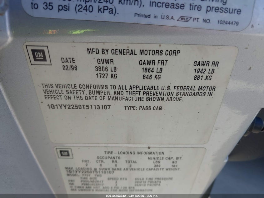 1996 Chevrolet Corvette VIN: 1G1YY2250T5113107 Lot: 44853932