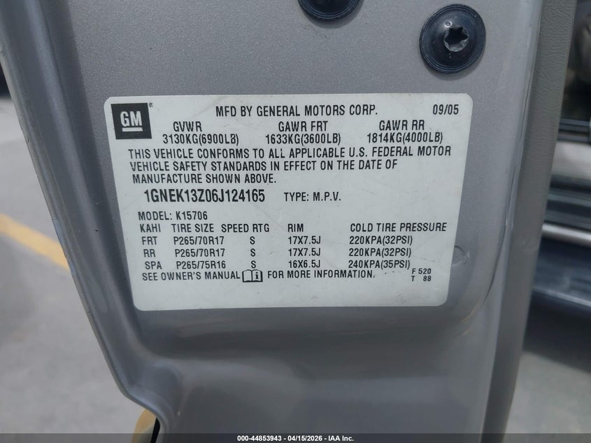 2006 Chevrolet Tahoe Lt VIN: 1GNEK13Z06J124165 Lot: 44853943