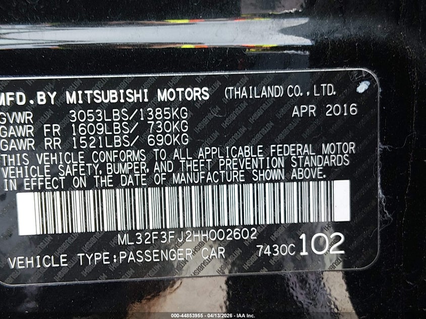 2017 Mitsubishi Mirage G4 Es VIN: ML32F3FJ2HH002602 Lot: 44853955