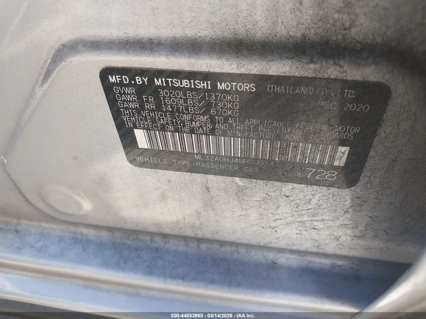 2021 Mitsubishi Mirage Carbonite Edition/Es/Le VIN: ML32AUHJ4MH003147 Lot: 44853960