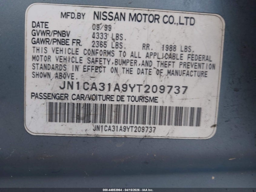 2000 Nissan Maxima Gle/Gxe/Se VIN: JN1CA31A9YT209737 Lot: 44853964