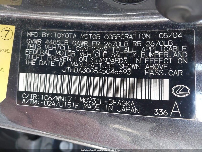 2004 Lexus Es 330 VIN: JTHBA30G545046693 Lot: 44854002