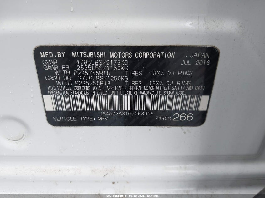 2016 Mitsubishi Outlander Sel VIN: JA4AZ3A31GZ063905 Lot: 44854013