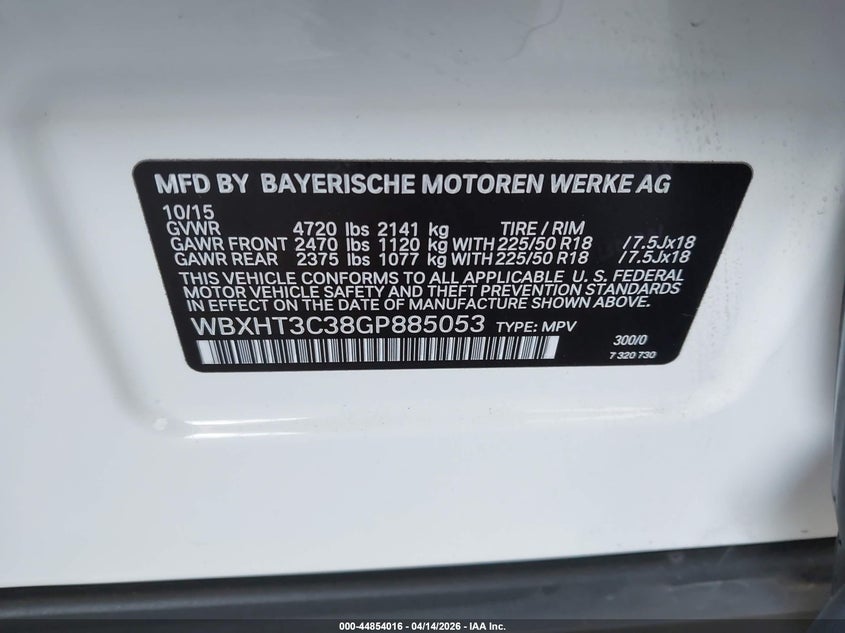 2016 BMW X1 xDrive28I VIN: WBXHT3C38GP885053 Lot: 44854016