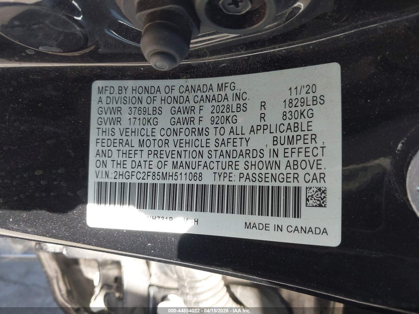 2021 Honda Civic 2.0 Sport black Lot 111044854022 Vin 2HGFC2F85MH511068