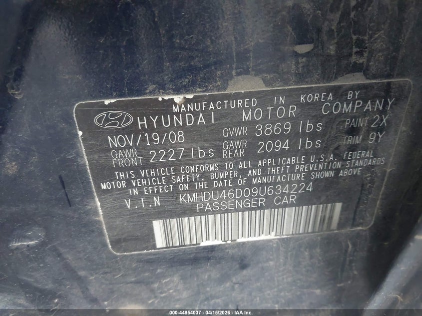 2009 Hyundai Elantra Gls VIN: KMHDU46D09U634224 Lot: 44854037