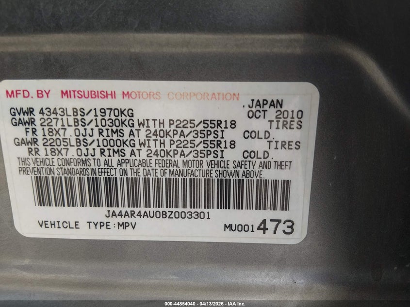 2011 Mitsubishi Outlander Sport Se VIN: JA4AR4AU0BZ003301 Lot: 44854040