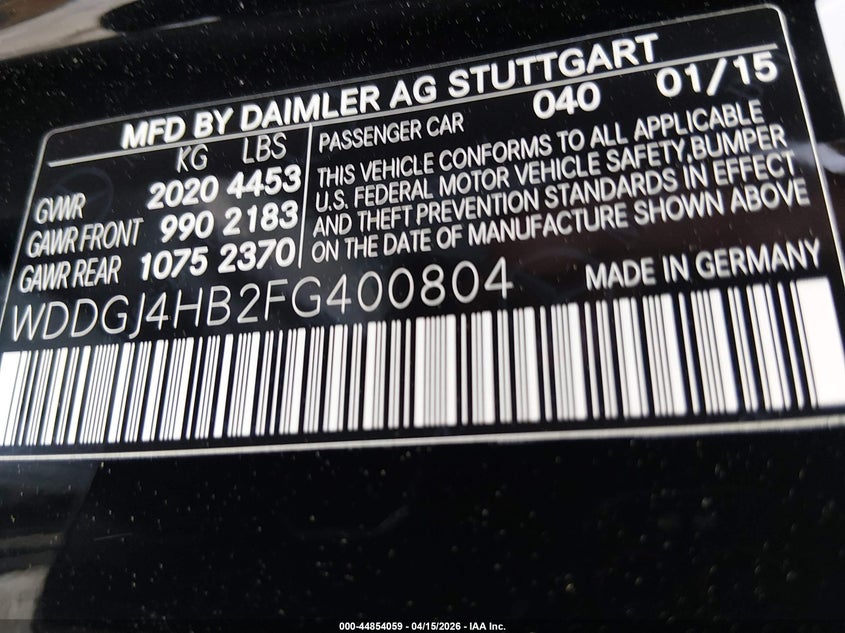 2015 Mercedes-Benz C 250 VIN: WDDGJ4HB2FG400804 Lot: 44854059