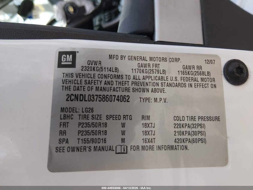 2008 Chevrolet Equinox Sport VIN: 2CNDL037586074062 Lot: 44854066