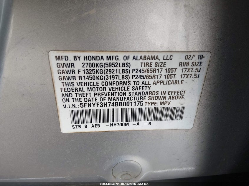 2011 Honda Pilot Ex-L VIN: 5FNYF3H74BB001175 Lot: 44854072