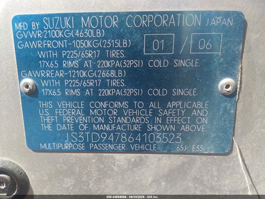 2006 Suzuki Grand Vitara Luxury VIN: JS3TD947864103523 Lot: 44854084
