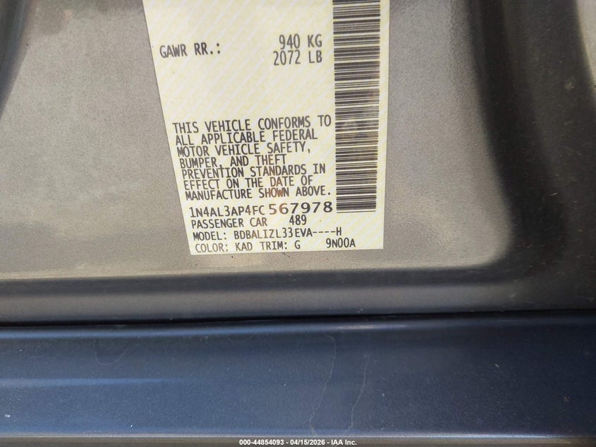 2015 Nissan Altima 2.5 Sv VIN: 1N4AL3AP4FC567978 Lot: 44854093