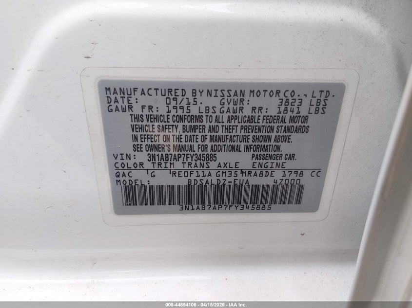 2015 Nissan Sentra Sv VIN: 3N1AB7AP7FY345885 Lot: 44854106