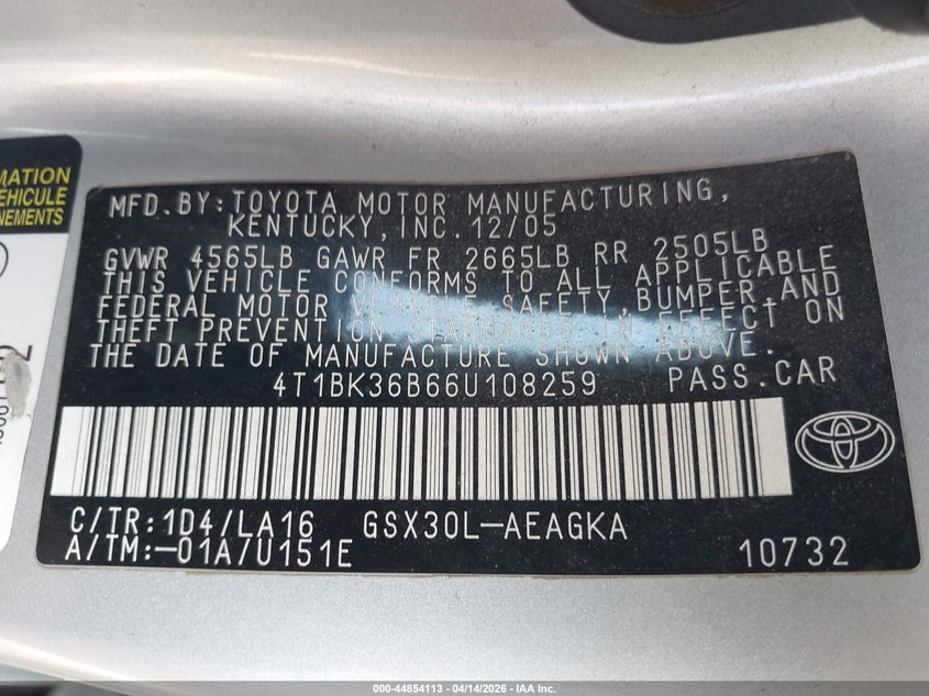 2006 Toyota Avalon Xls VIN: 4T1BK36B66U108259 Lot: 44854113