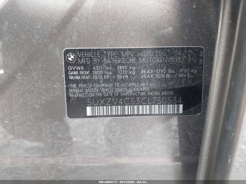 2012 BMW X5 xDrive35I/xDrive35I Premium/xDrive35I Sport Activity VIN: 5UXZV4C53CL750534 Lot: 44854117