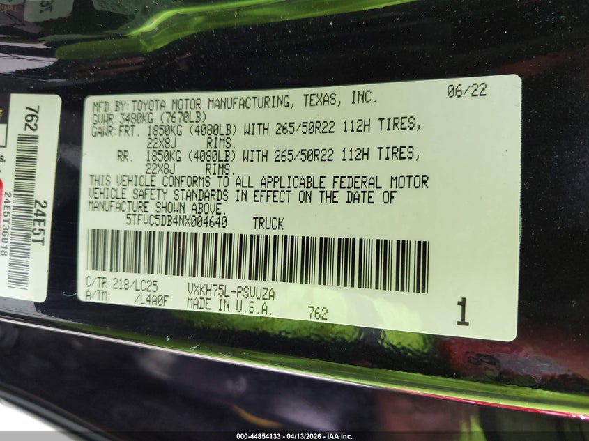 2022 Toyota Tundra Hybrid Capstone VIN: 5TFVC5DB4NX004640 Lot: 44854133
