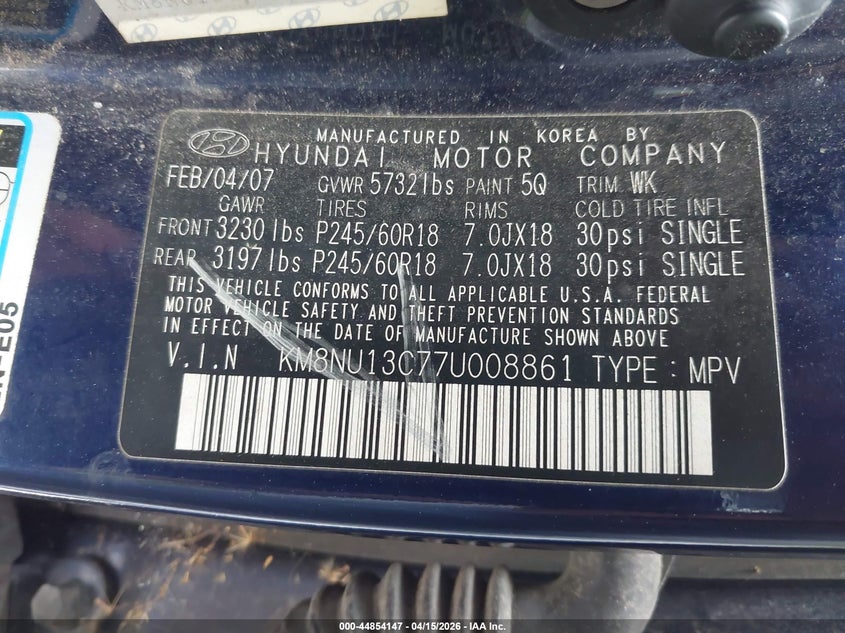 2007 Hyundai Veracruz Gls/Limited/Se VIN: KM8NU13C77U008861 Lot: 44854147