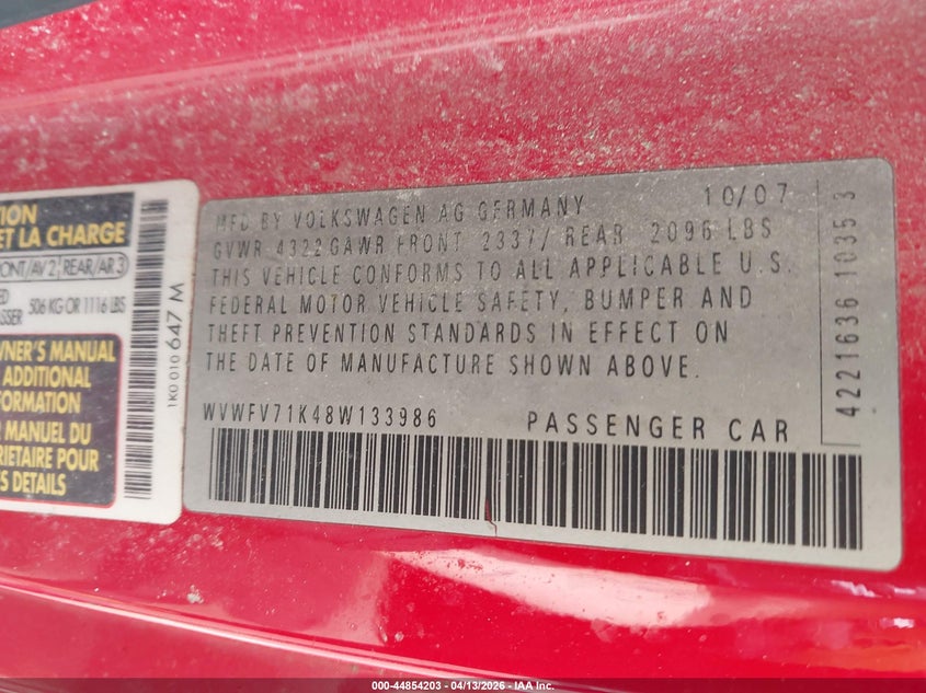 2008 Volkswagen Gti 2-Door VIN: WVWFV71K48W133986 Lot: 44854203