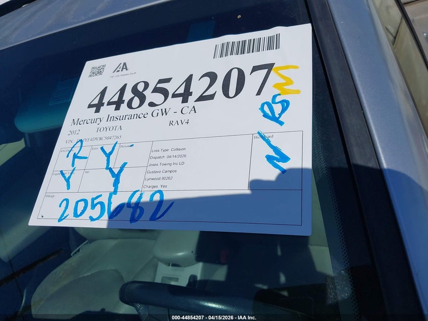 2012 Toyota Rav4 Limited VIN: JTMYF4DV8C5047265 Lot: 44854207