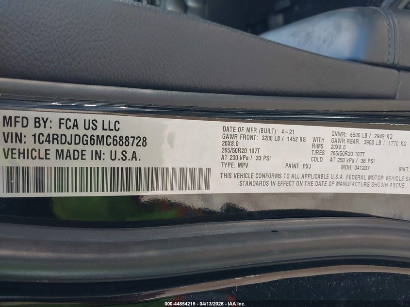 2021 Dodge Durango Gt Plus Awd VIN: 1C4RDJDG6MC688728 Lot: 44854215