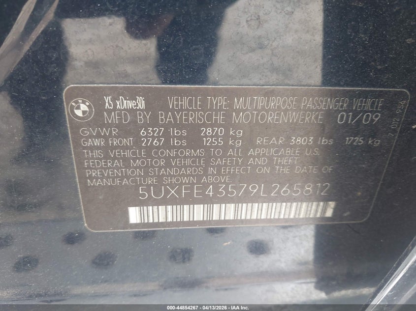 2009 BMW X5 xDrive30I VIN: 5UXFE43579L265812 Lot: 44854267