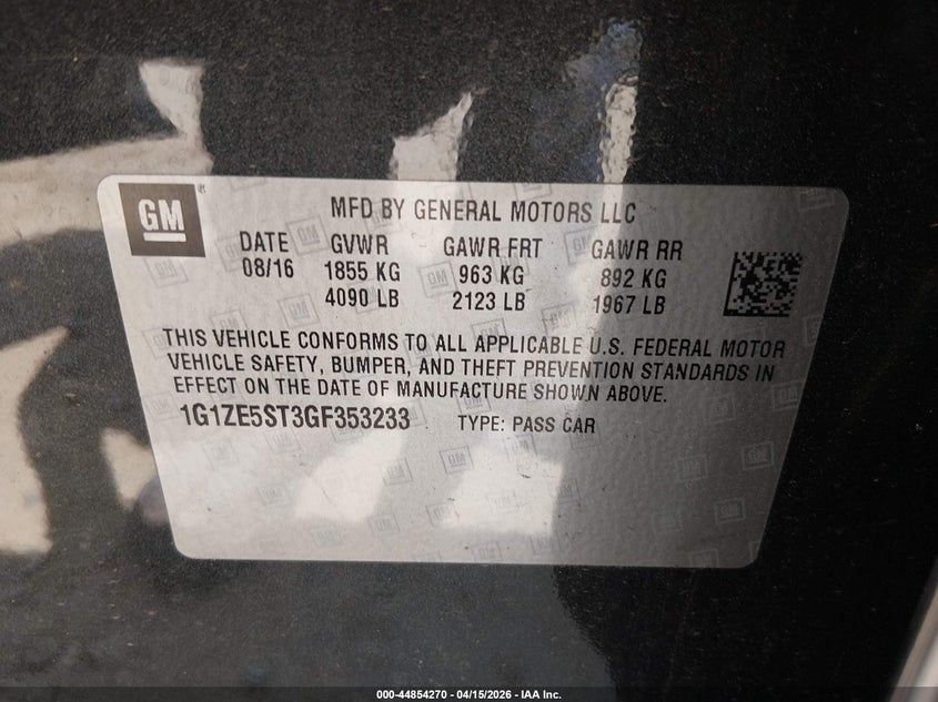 2016 Chevrolet Malibu 1Lt VIN: 1G1ZE5ST3GF353233 Lot: 44854270