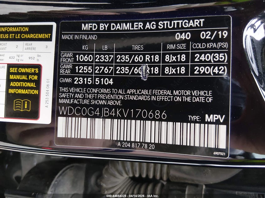 2019 Mercedes-Benz Glc 300 VIN: WDC0G4JB4KV170686 Lot: 44854328